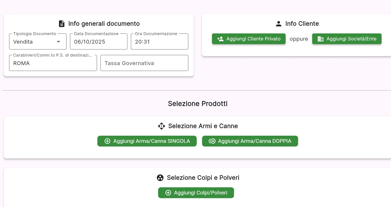 Schermata di Armeria Facile per la redazione del Modello 38: selezione armi, canne, colpi e polveri